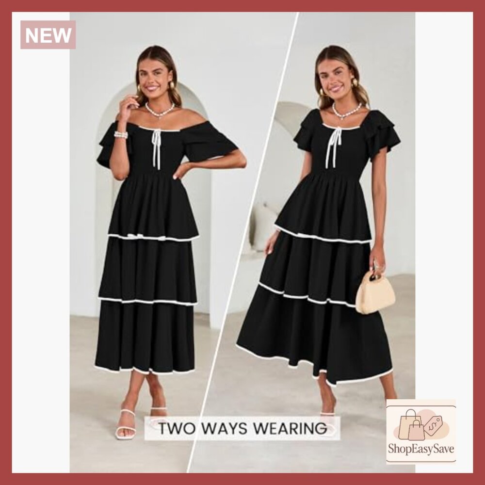 Boho Maxi Dress Smocked Tiered Square Neck Ruffle Casual Wedding Guest - Picture 2 of 7